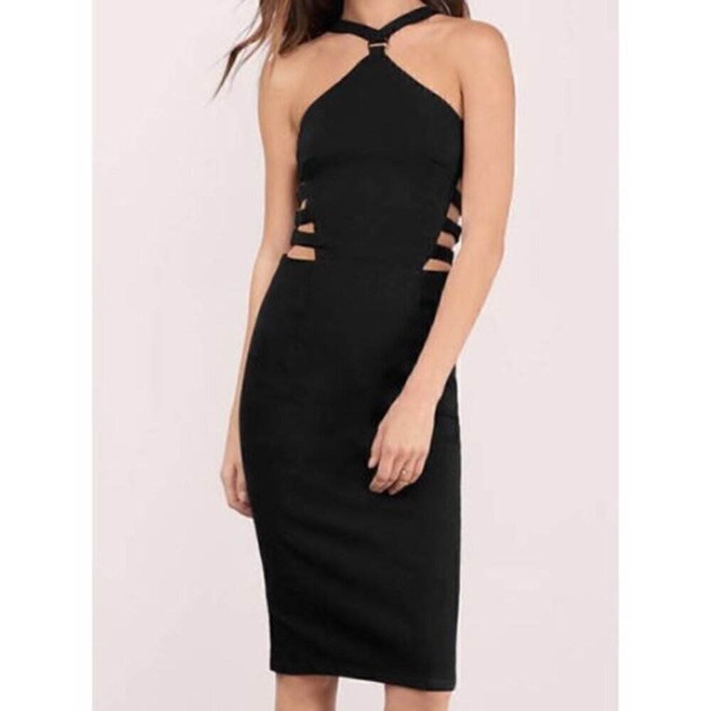 ISO Tobi Black Caged Side Cutout Halter Bodycon Midi Dress, Size S